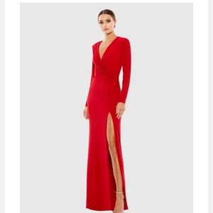 Mac Duggal Red Jersey Long Sleeve Asymmetrical Ruched Gown